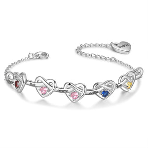 Linked Heart Bracelet with Birthstones Personalized Family Bracelet - Gift For Mom,Grandma