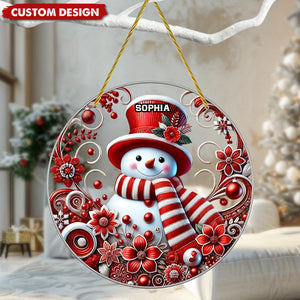 Snowman with Red Hat Personalized Window Hanging Ornament Suncatcher