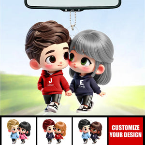 Cute Cartoon Couple Holding Hands Personalized Car Ornament, Anniversary & Valentine's Day Gift