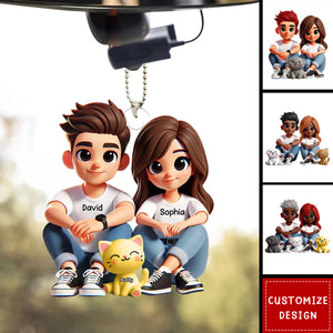 Cute Couple And Dogs Cats Personalized Car Ornament-Gift For Couple