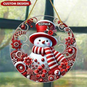 Snowman with Red Hat Personalized Window Hanging Ornament Suncatcher