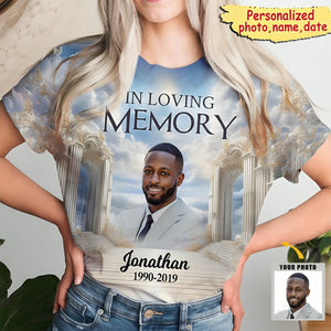 Memorial Upload Photo Heaven Gate Sky, In Loving Memory Personalized 3D T-shirt