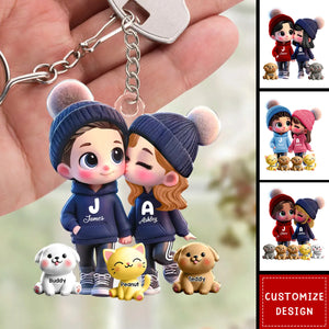 Cute Cartoon Couple You Me And The Dog Cat Personalized Acrylic Keychain-Gift For Couple