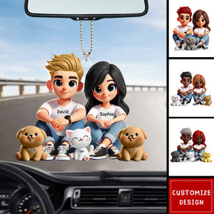 Cute Couple And Dogs Cats Personalized Car Ornament-Gift For Couple