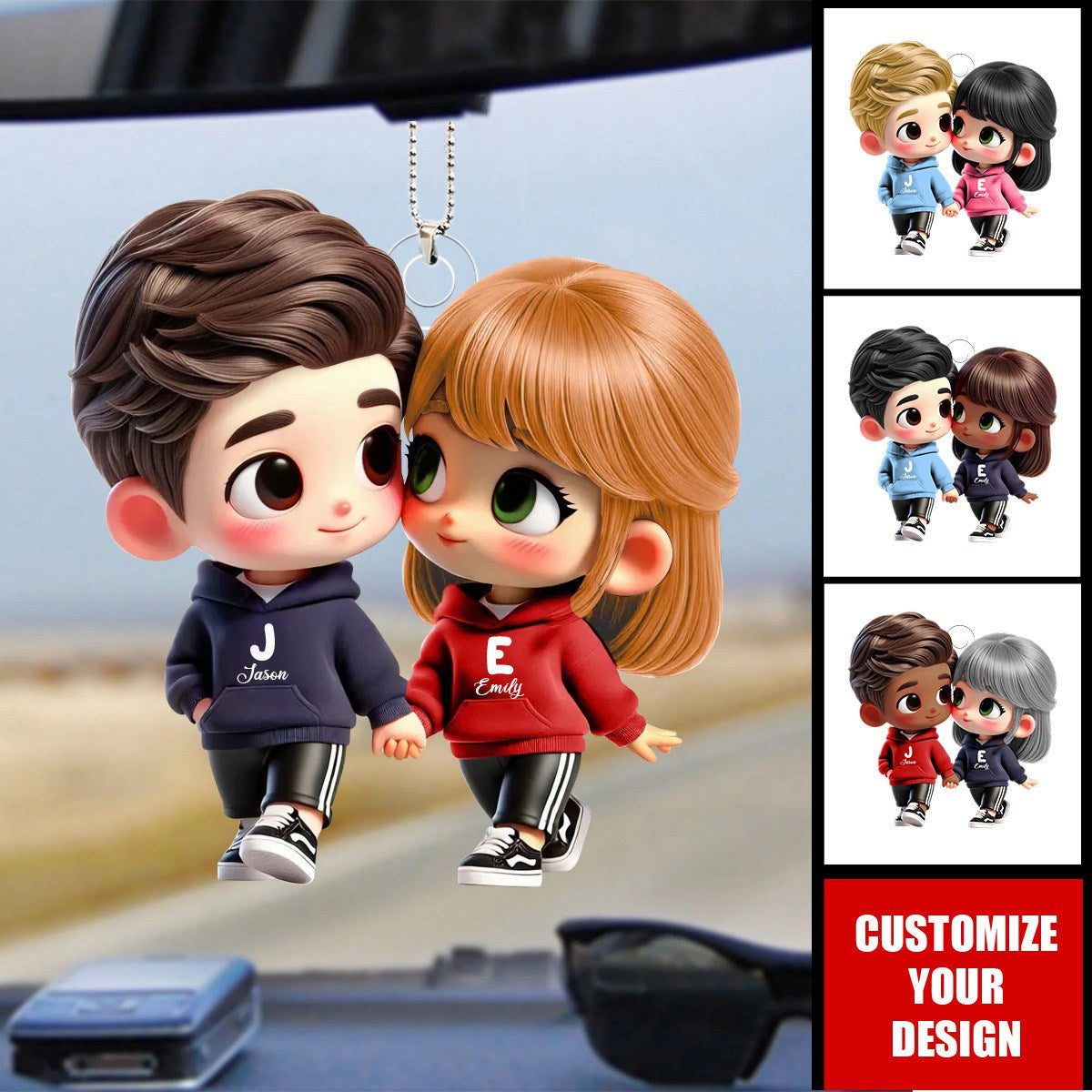 Cute Cartoon Couple Holding Hands Personalized Car Ornament, Anniversary & Valentine's Day Gift