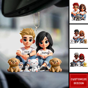 Cute Couple And Dogs Cats Personalized Car Ornament-Gift For Couple