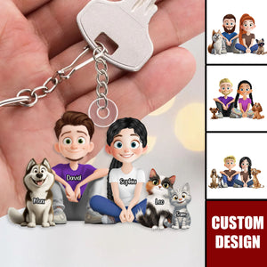 Personalized Cute Cartoon Couple And Dogs Acrylic Keychain-Gift For Dog Lovers, Couple