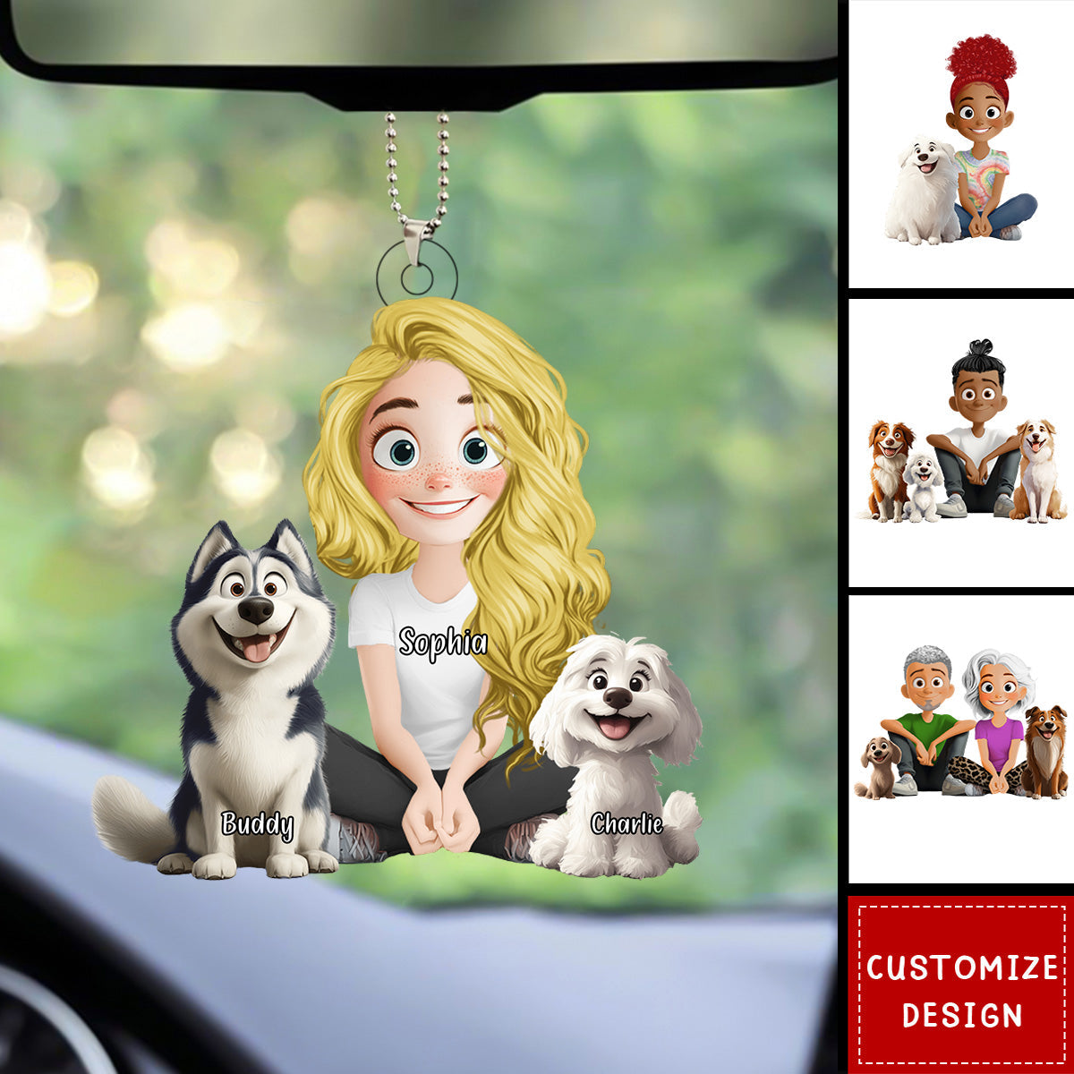 Personalized Cute Cartoon Couple And Dogs Acrylic Car Ornament-Gift For Dog Lovers, Couple