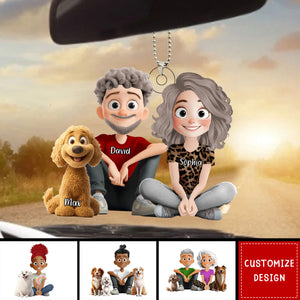 Personalized Cute Cartoon Couple And Dogs Acrylic Car Ornament-Gift For Dog Lovers, Couple