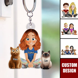 Personalized Cute Cartoon Couple And Dogs Acrylic Keychain-Gift For Dog Lovers, Couple