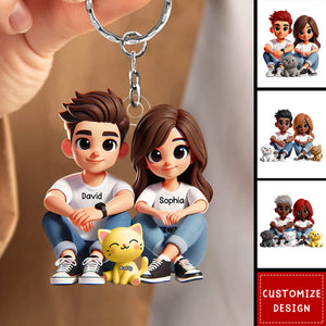 Cute Couple And Dogs Cats Personalized Keychain-Gift For Couple