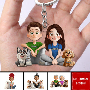 Personalized Cute Cartoon Couple And Dogs Acrylic Keychain-Gift For Dog Lovers, Couple