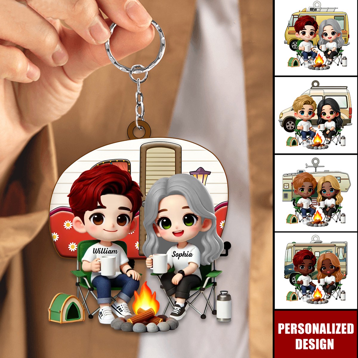 Cute Cartoon Camping Couple-Personalized Keychain-Gift for him,for her