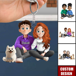 New Version Couple And Dog Cartoon Style Personalized Couple Keychain