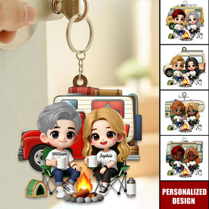 Cute Cartoon Camping Couple-Personalized Keychain-Gift for him,for her