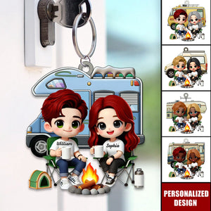 Cute Cartoon Camping Couple-Personalized Keychain-Gift for him,for her