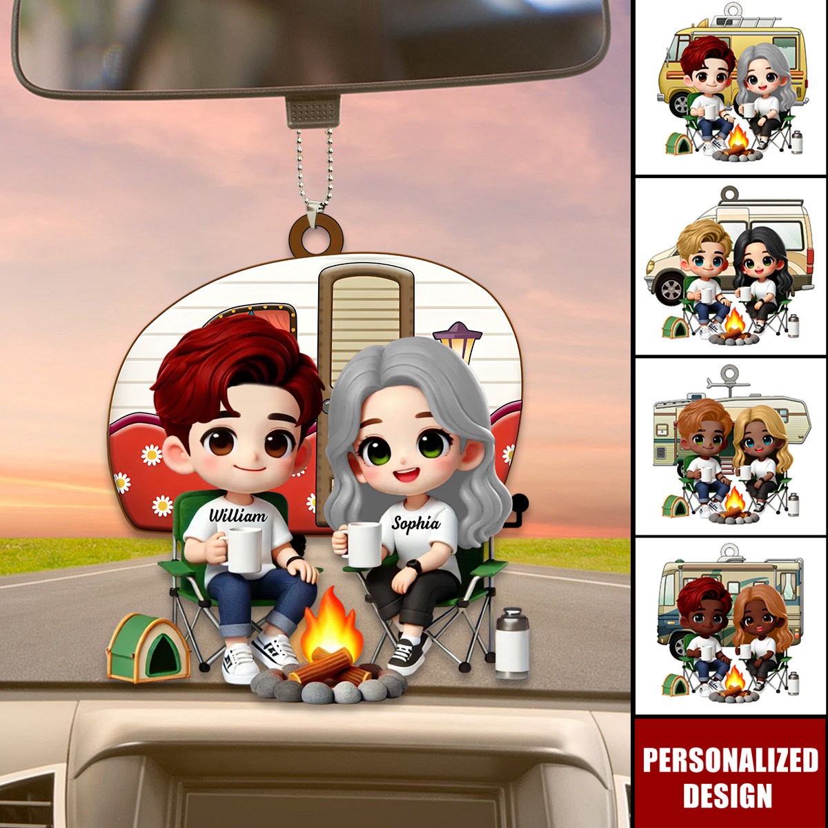 Cute Cartoon Camping Couple-Personalized Car Ornament-Gift for him,for her