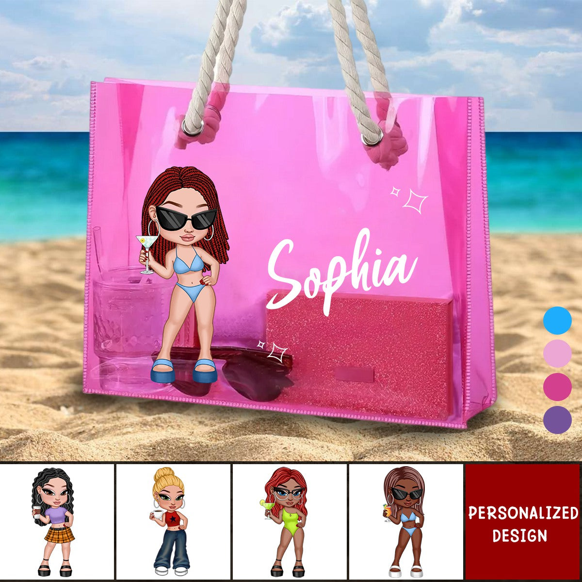 Summer Vibe Y2K Girl Beach Party-Personalized Clear Beach Tote Bag-Gift For Besties