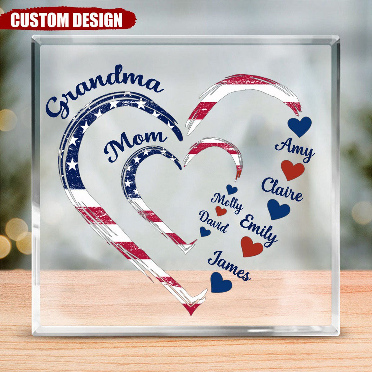 4th of July Grandma Mom Kids Heart In Heart - Personalized Square Shaped Acrylic Plaque