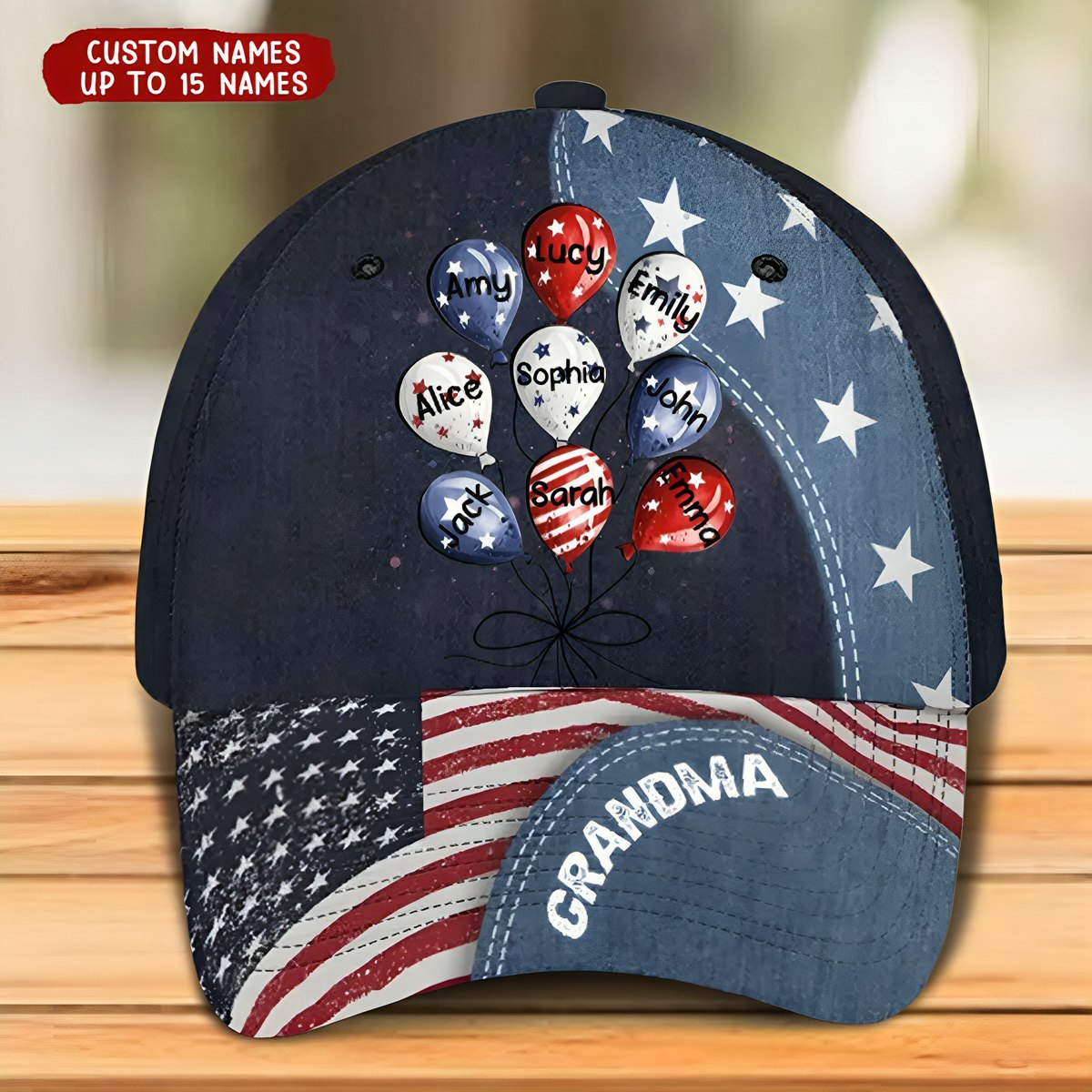 Personalized US Grandma Bunch of Balloons & Kid Names Independence Day 4th July Cap 3D Printed