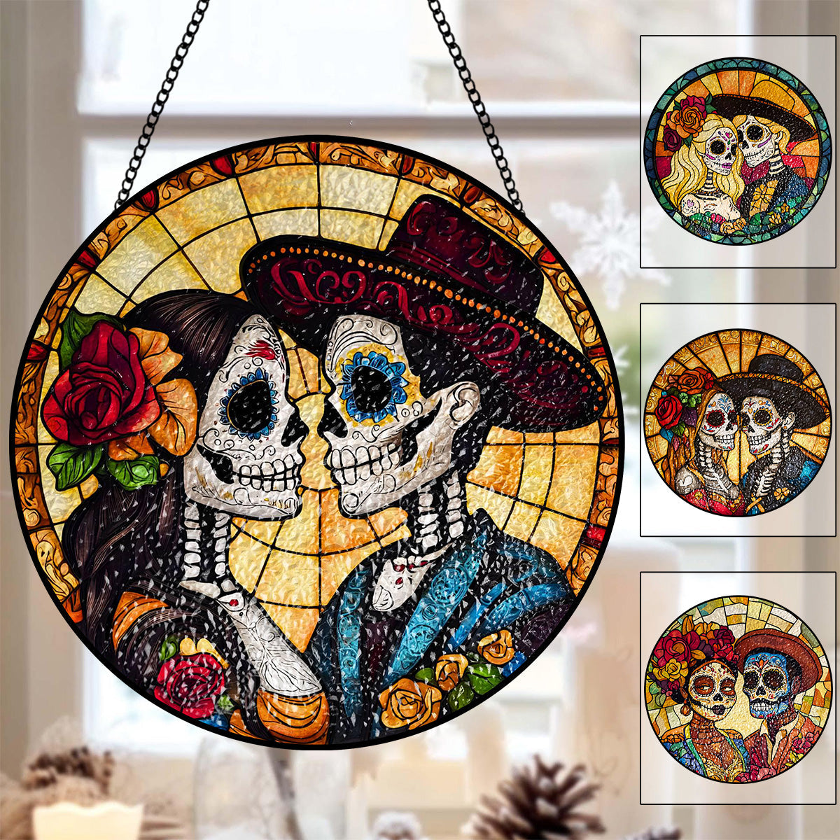 Day of the Dead Sugar Skull Stained Suncatcher Ornament - Gift For Couple