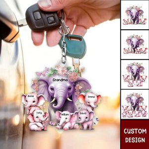 Mama Purple Elephant With Little Kids - Personalized Acrylic Keychain - Gift For Mom, Grandma