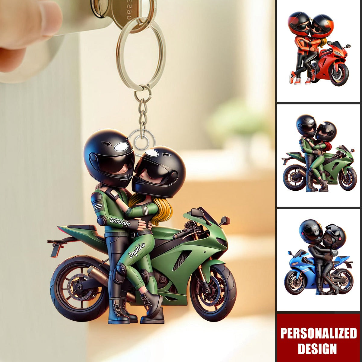 Motorcycle Pretty Cartoon Couple-Personalized Keychain-Anniversary Birthday Gift For Him, For Biker Couple