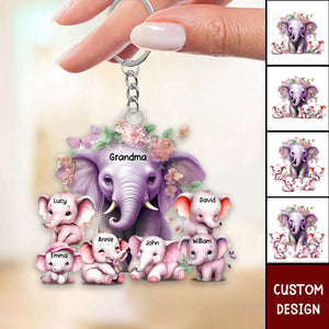 Mama Purple Elephant With Little Kids - Personalized Acrylic Keychain - Gift For Mom, Grandma