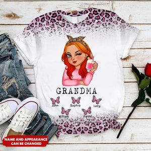 Mom Grandma Kids Butterflies Leopard Pattern - Gift For Mother, Grandmother - Personalized 3D T-shirt