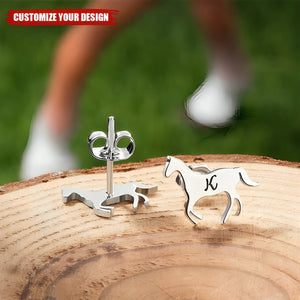 Personalized Sterling Silver Little Galloping Horse Stud Earrings with Engraved Initial Birthday Anniversary Gift for Horse Lover