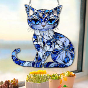 Blue & White Cat Suncatcher Ornament - Gift For Cat Lovers