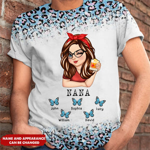 Mom Grandma Kids Butterflies Leopard Pattern - Gift For Mother, Grandmother - Personalized 3D T-shirt