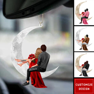 Couple sitting on the moon Personalized Acrylic Car Ornaments - Gift For Wife,Husband,Anniversary