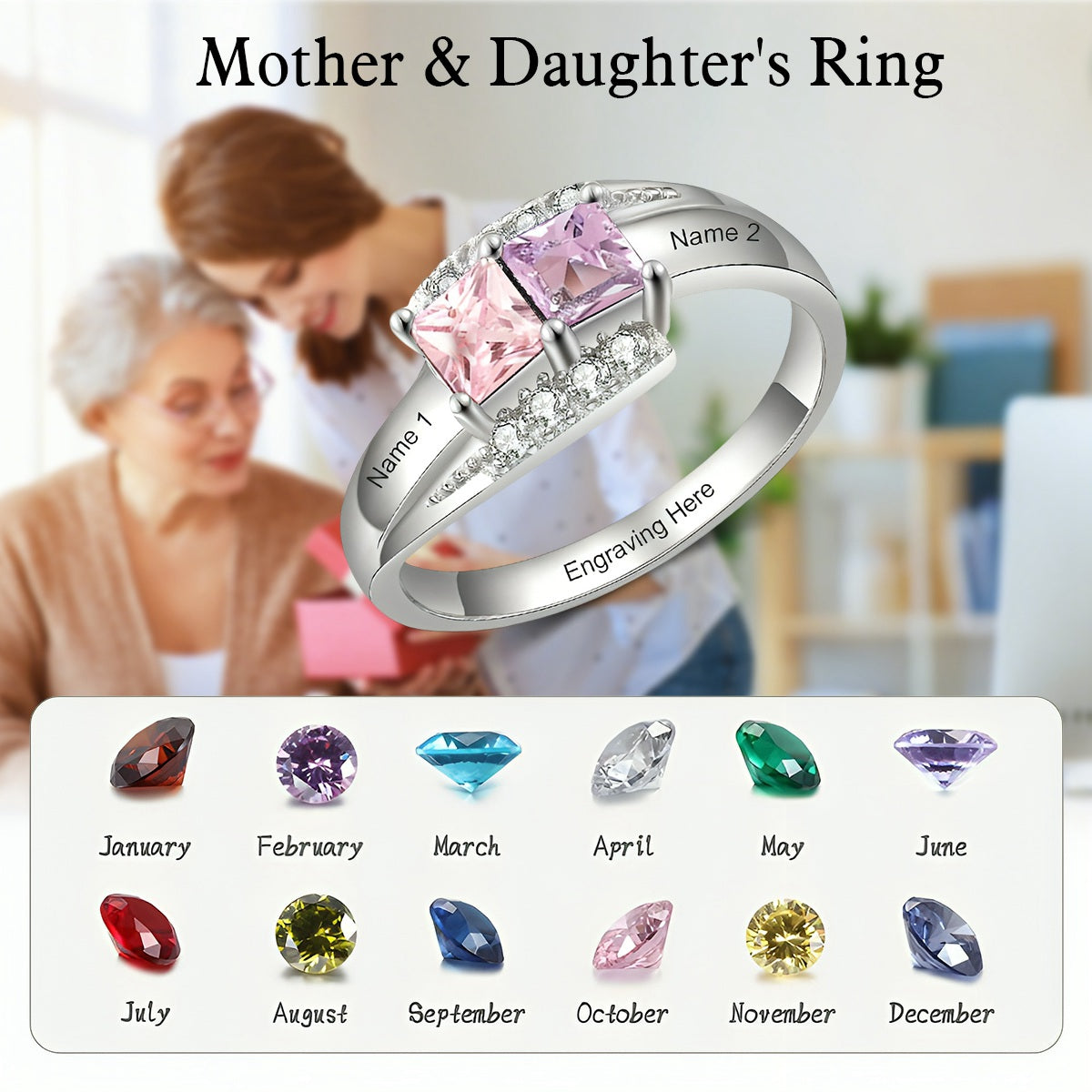 Personalized Mother's Ring With Birthstones And Names-Gift For Mom/Grandma