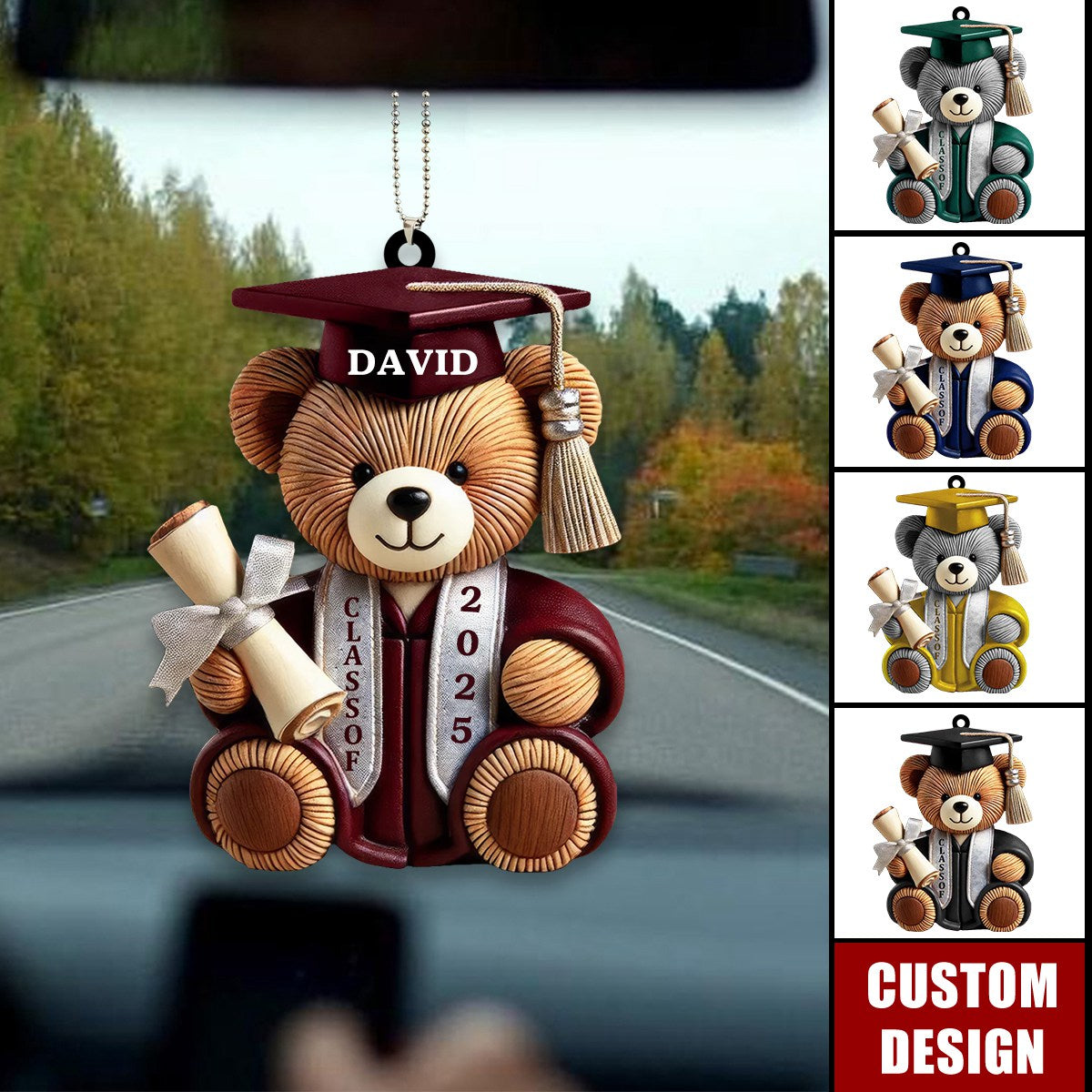 Graduation Bear - Personalized Acrylic Car Ornament, Graduation Gift