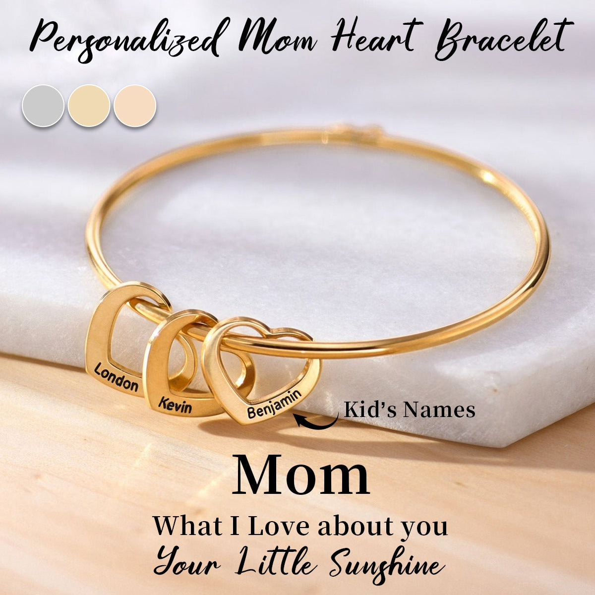 Personalized Heart Charms Bracelet with Engraved Name-Gift For Mom/Grandma