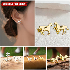 Personalized Sterling Silver Little Galloping Horse Stud Earrings with Engraved Initial Birthday Anniversary Gift for Horse Lover