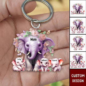 Mama Purple Elephant With Little Kids - Personalized Acrylic Keychain - Gift For Mom, Grandma