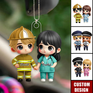 Cute Cartoon Couple by Occupation Personalized Car Ornament, Anniversary Gift For Couple