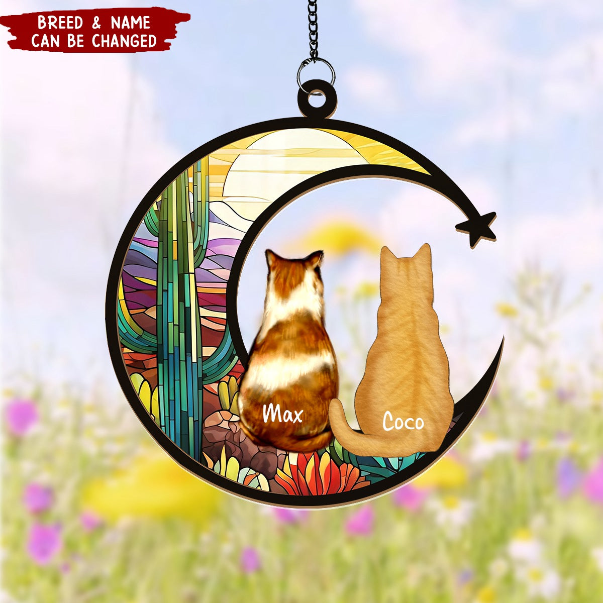 Cat & Dog Sitting On Moon - Personalized Memorial Suncatcher Ornament