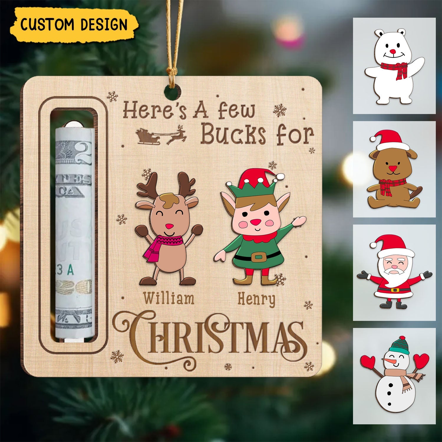 2024 New Release - Here's A Few Bucks For Christmas - Personalized Wooden Ornament, Money Holder - Christmas Gift For Family Members