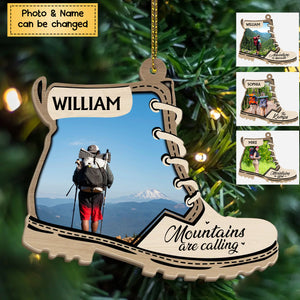 2024 New Release - Mountains Are Calling - Personalized Christmas Photo Upload Gifts Custom Wooden Ornament for Hiking Lovers