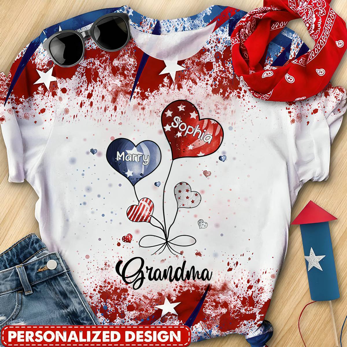 4th of July Sweet Heart Grandma Auntie Mom Kids American Flag Pattern Personalized T-shirt