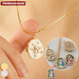 Personalized Photo Locket Necklace with Angel-Memorial Gift