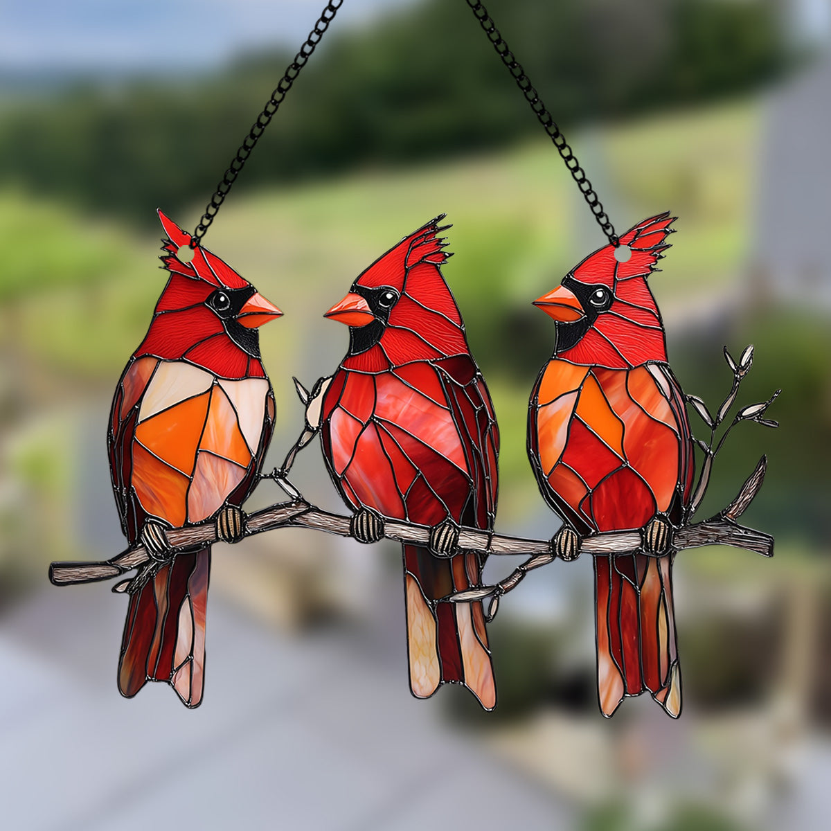 Three Red Cardinal Window Hanging Suncatcher Ornament Gift For Bird Lovers