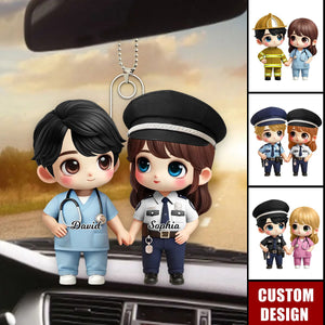 Cute Cartoon Couple by Occupation Personalized Car Ornament, Anniversary Gift For Couple