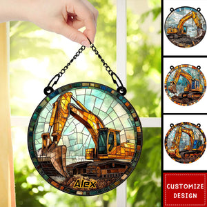 Excavator At Work Personalized Suncatcher Ornament