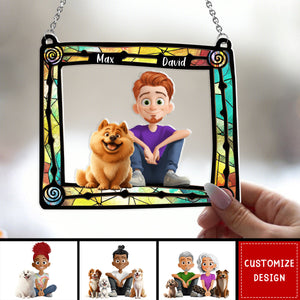 Cute Cartoon Couple And Dogs-Personalized Window Hanging Suncatcher Ornament