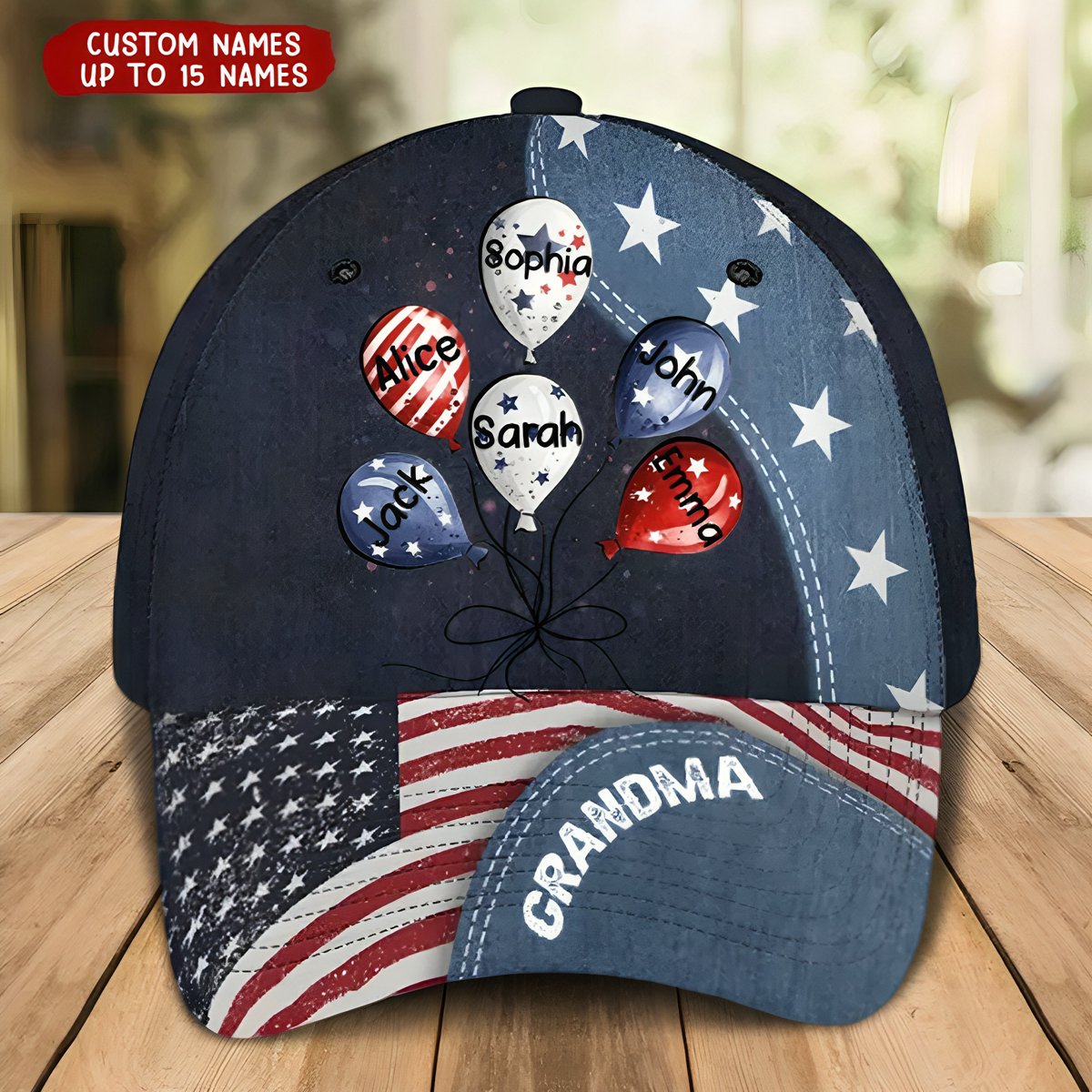 Personalized US Grandma Bunch of Balloons & Kid Names Independence Day 4th July Cap 3D Printed