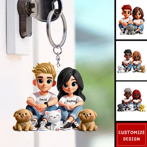 Cute Couple And Dogs Cats Personalized Keychain-Gift For Couple